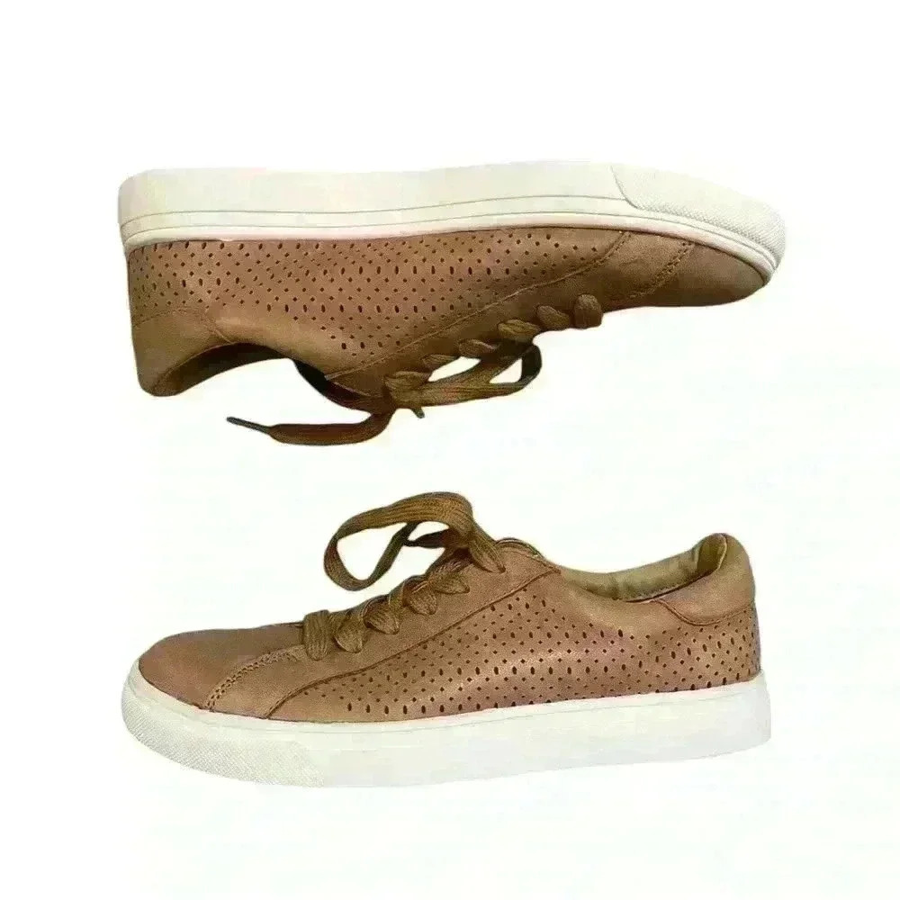 Lucky Brand Laurina Sneakers EUC Tan Leather Lace-up Tennis Shoes Size 7 37.5 EU